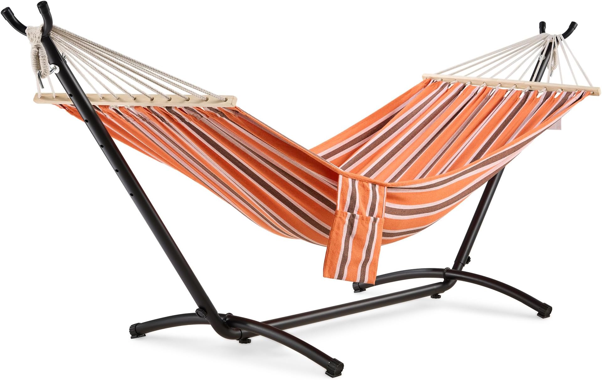 VonHaus Hammock with Stand - Freestanding 1 Person Striped Hammock Seat with Steel Frame - Polycotton Material & Adjustable Frame for Garden - Travel Bag for Beach, Camping & Outdoors - Orange Stripe