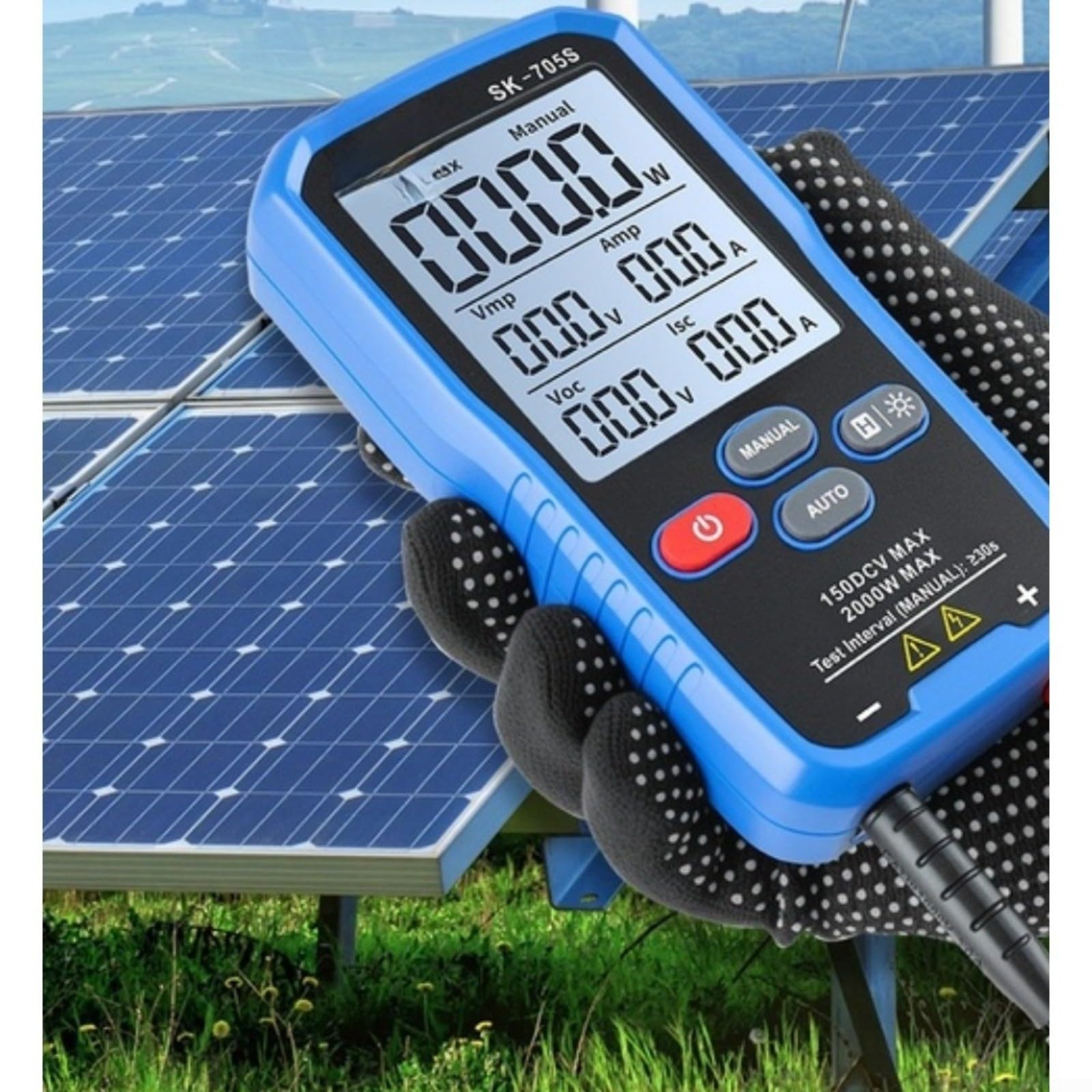 SK-705S, tester di potenza fotovoltaica con tecnologia MPPT per pannello solare, capacità massima 2000W, display LCD da 3,2 pollici, gamma automatica/manuale, design portatile (SK-705)