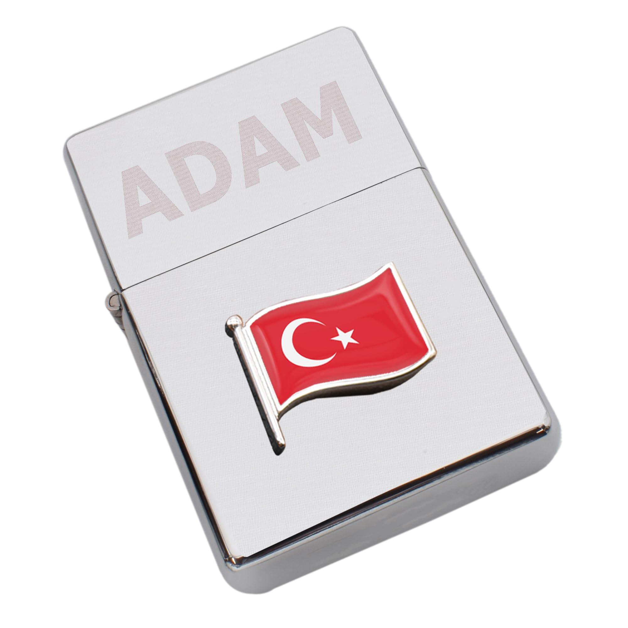 Turkey Design Wave Flag Lighter Personalised with a Name or Initials, Chrome Finish, Presented in Box