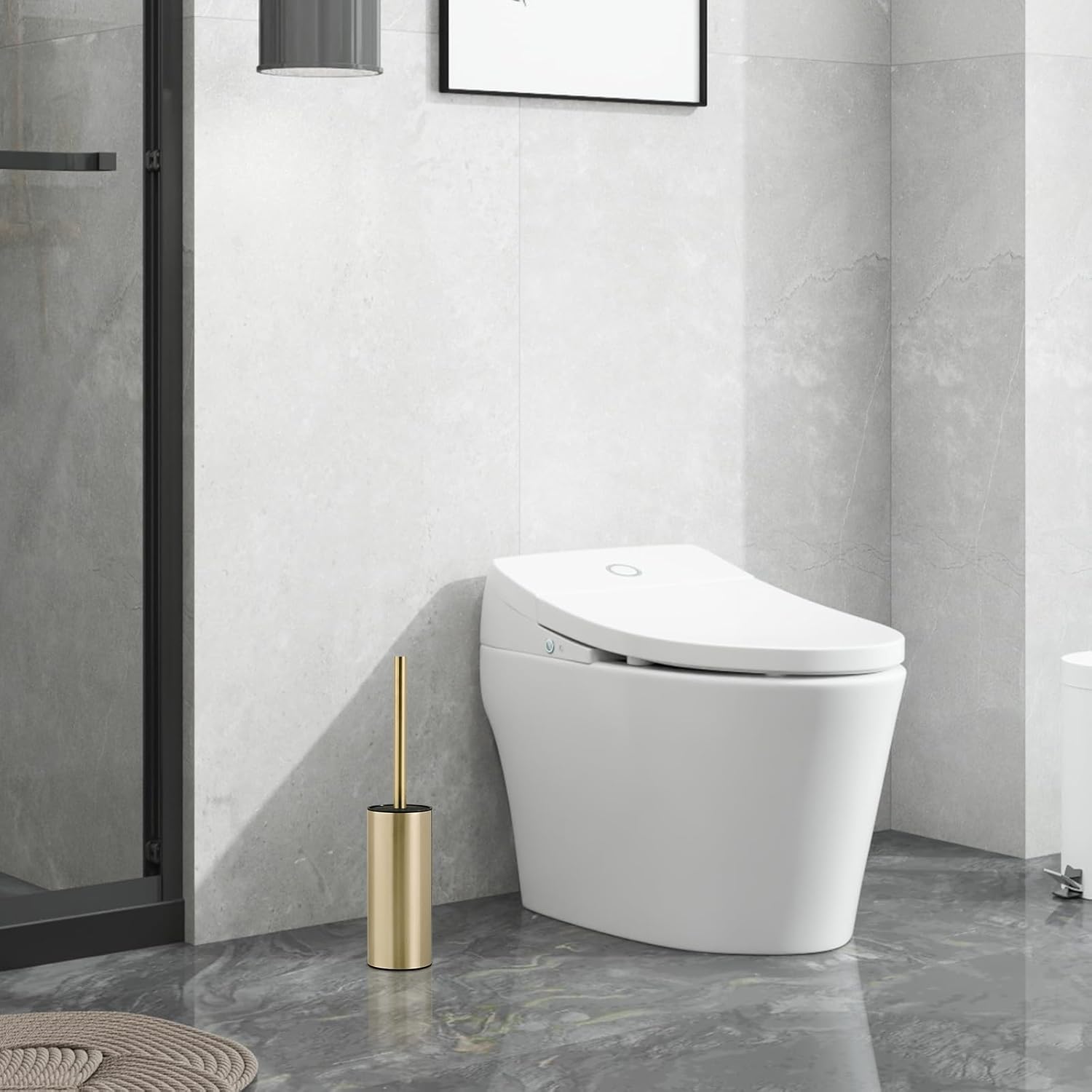 304 Stainless Steel Toilet Bowl Brush and Holder Set, Circular Floor Toilet Brush Holder, Long Handle, Bathroom Heavy-Duty Cleaner, High-End Cylinder Wall,2 Brush Head (Brushed Gold) YIGUANXIN