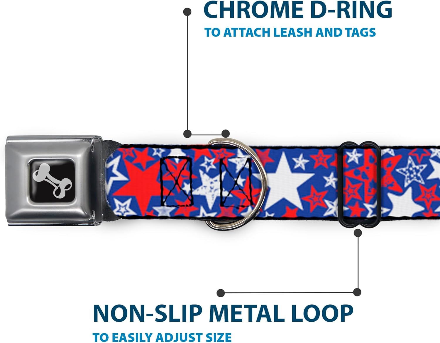 Dog Collar Seatbelt Buckle Stargazer Blue White Red 11 to 17 Inches 1.0 Inch Wide