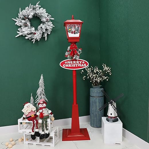 70.86-Inch Christmas Street Lamp Post with Santa & Snowman Indoor LED Lighted Lamppost Decor with Music & Drifting Snow Effect Holiday Decoration for Home Mall Party(Red (Santa Claus))