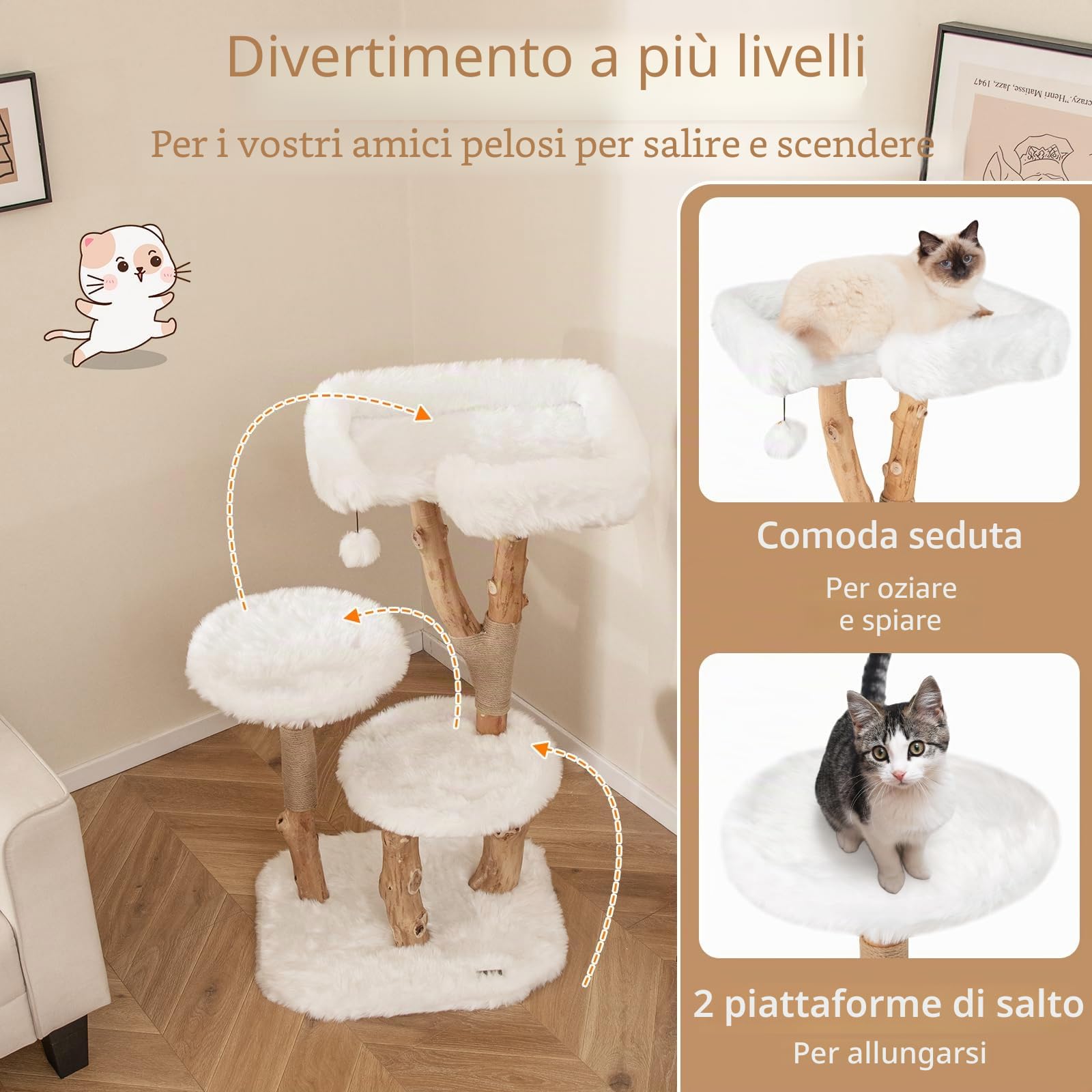 SOARS Tiragraffi per Gatti in Legno, 110 cm con 3 Posatoi in Peluche, 1 Pompon, Corda in Sisal e Tronchi Naturali, Alberi per Gatti Stabile, Bianco
