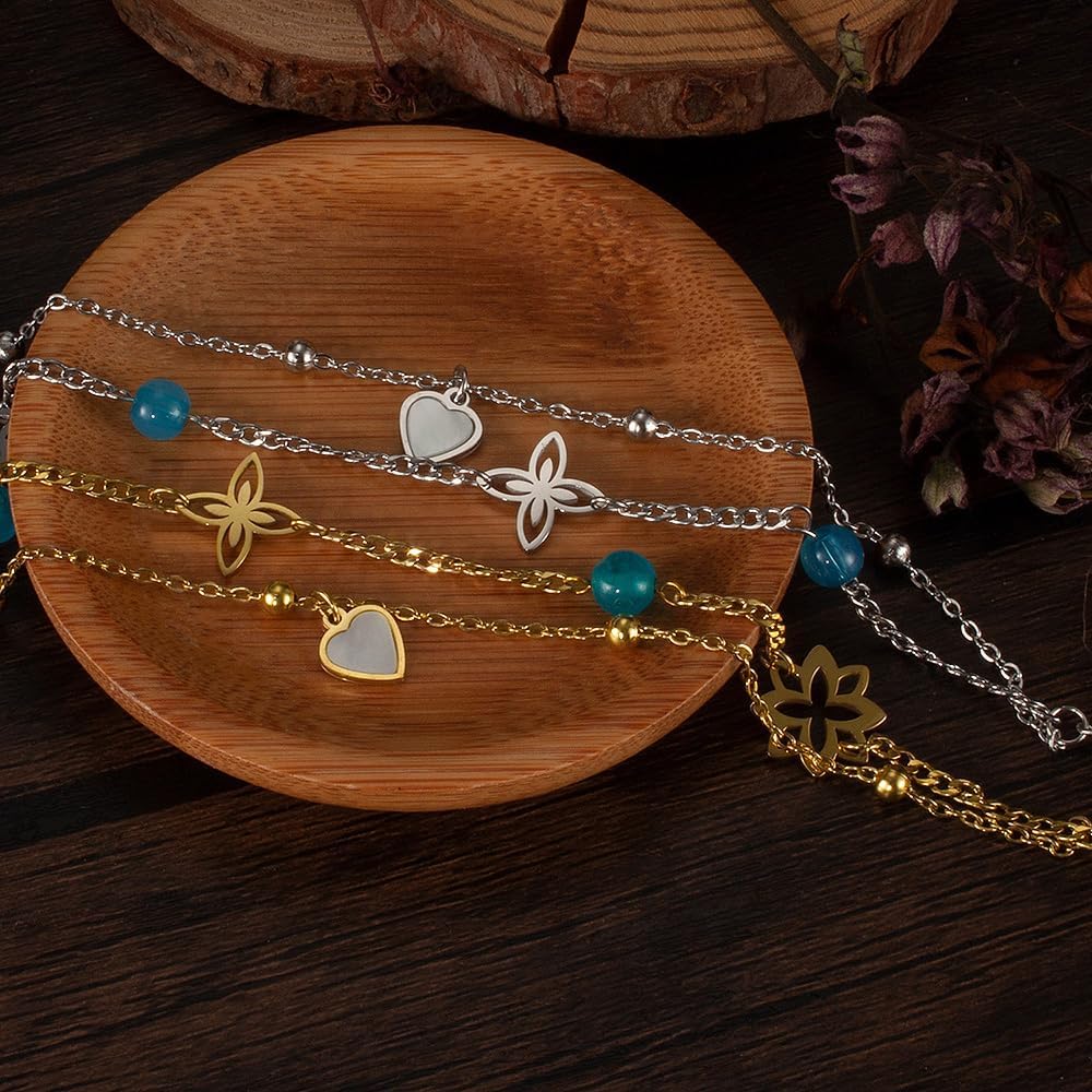 Women's Bracelet, Gold, Silver, Double Layered Bracelet, Birthstone, March, Stylish, Seashell Bracelet, Heart, Star, Shell, Blue Crystal, Mother Shells, Chain, Adjustable, Stainless Steel, Hypoallergenic, Valentine's Day, Mother's Day, Gift - Image 8