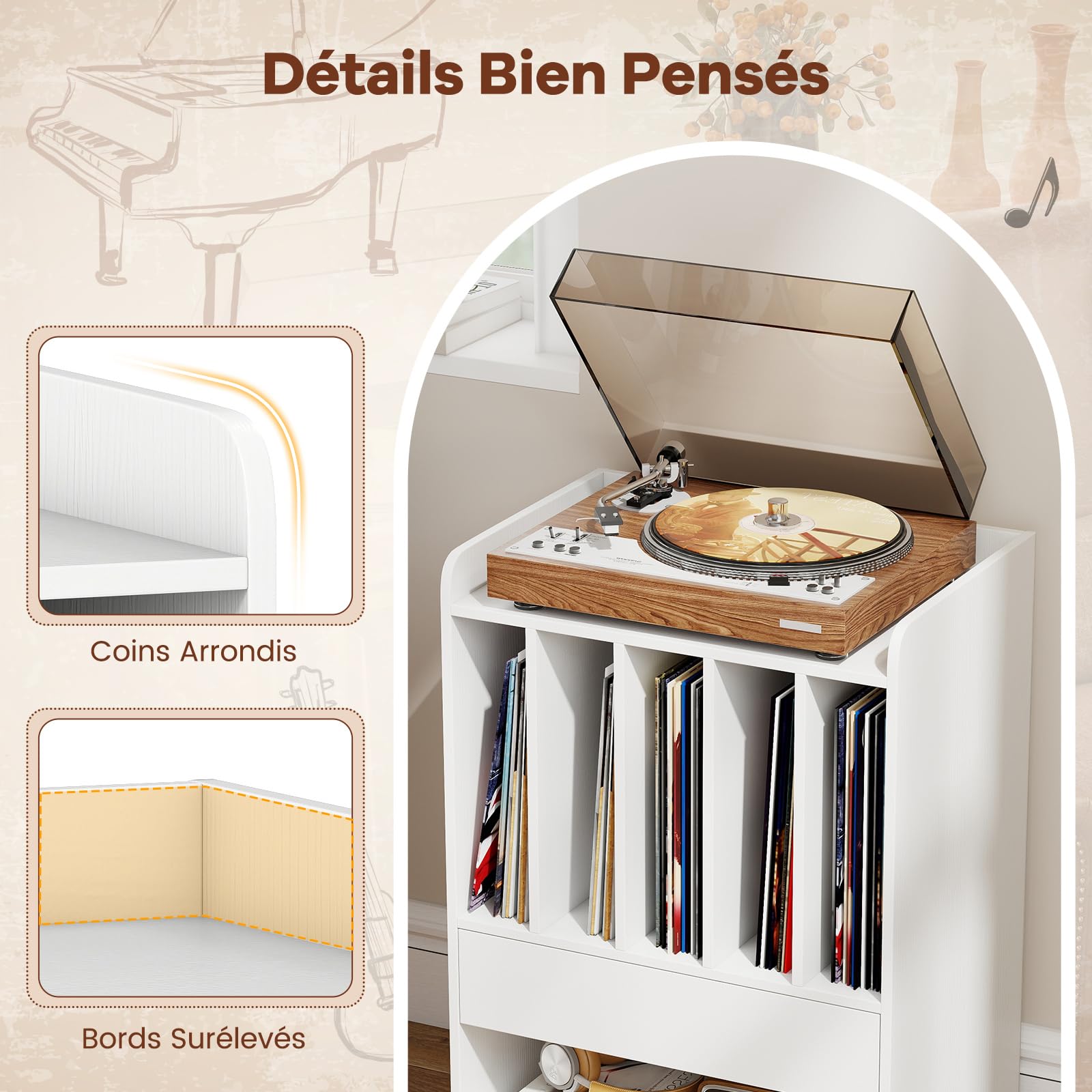 COSTWAY Meuble Platine Vinyle a Roulette avec Tiroirs, 6 Compartiments pour 150 Albums, Étagère, Meuble Rangement Hifi pour CD DVD Manga Livre, Support de Tourne-Disque pour Salon, Chambre (Blanc)