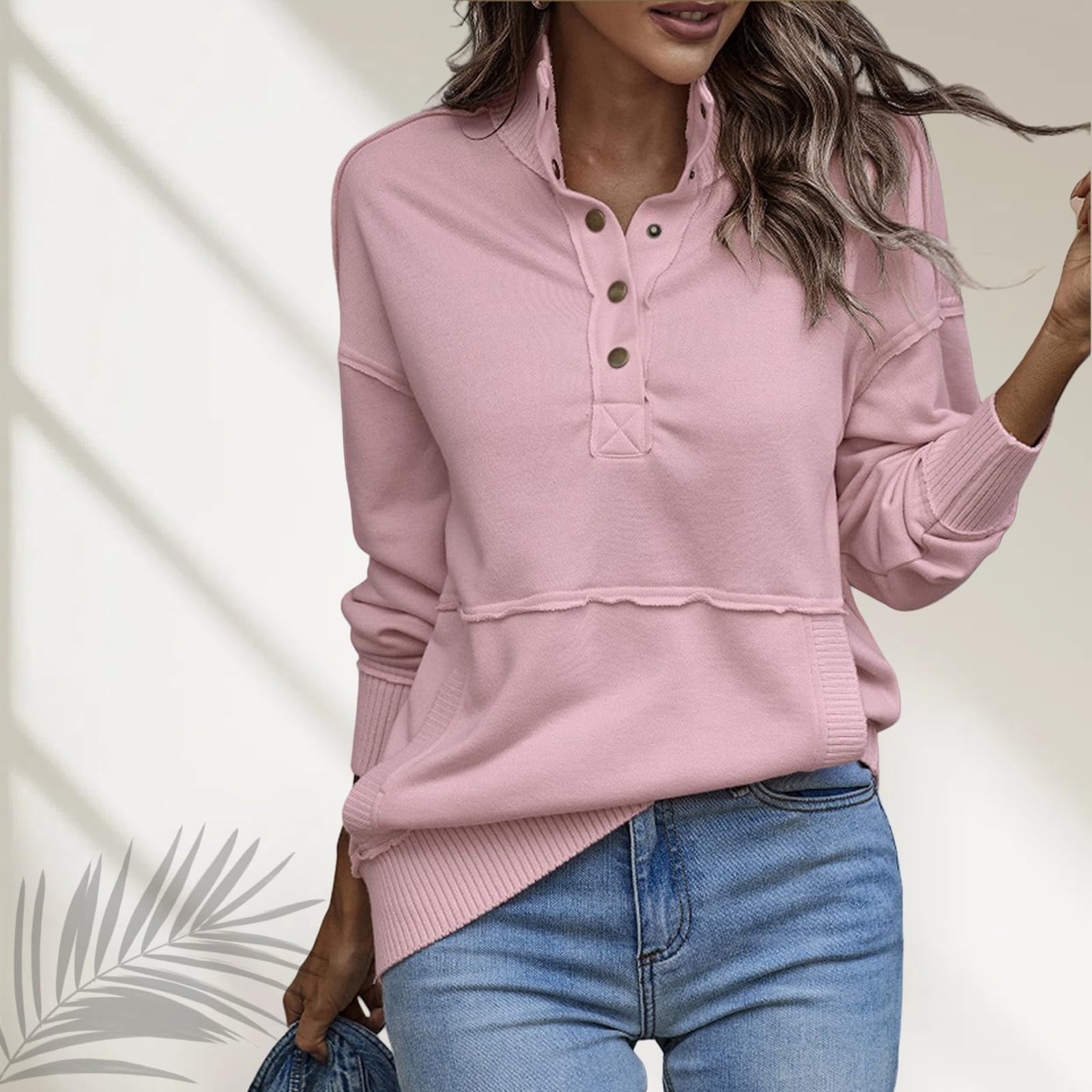 Damska bluza Henley z dekoltem w serek, na co dzień, z długim rękawem, lekkie bluzy z guzikami, luźny pulower z kieszeniami