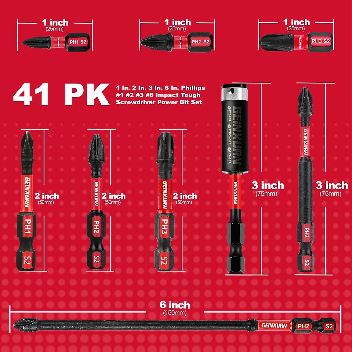 Geinxurn Impact Tough Mixed #1#2#3 Phillips D2 Steel Long Extension Insert Driver Bits, 41Pack 1/4 Inch Hex Shank Long Cross Magnetic PH1/PH2/PH3 Screwdriver Bits Set with 1Pcs Magnetic Bit Holder
