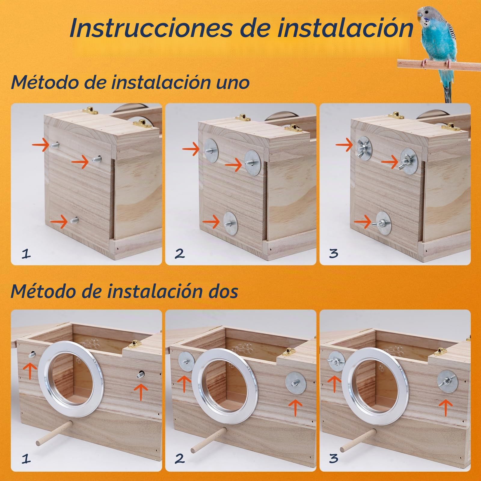 Caja Nido Madera para Periquitos - Caja Transparente para Cría de Pájaros con Pértiga y Ventana Redonda