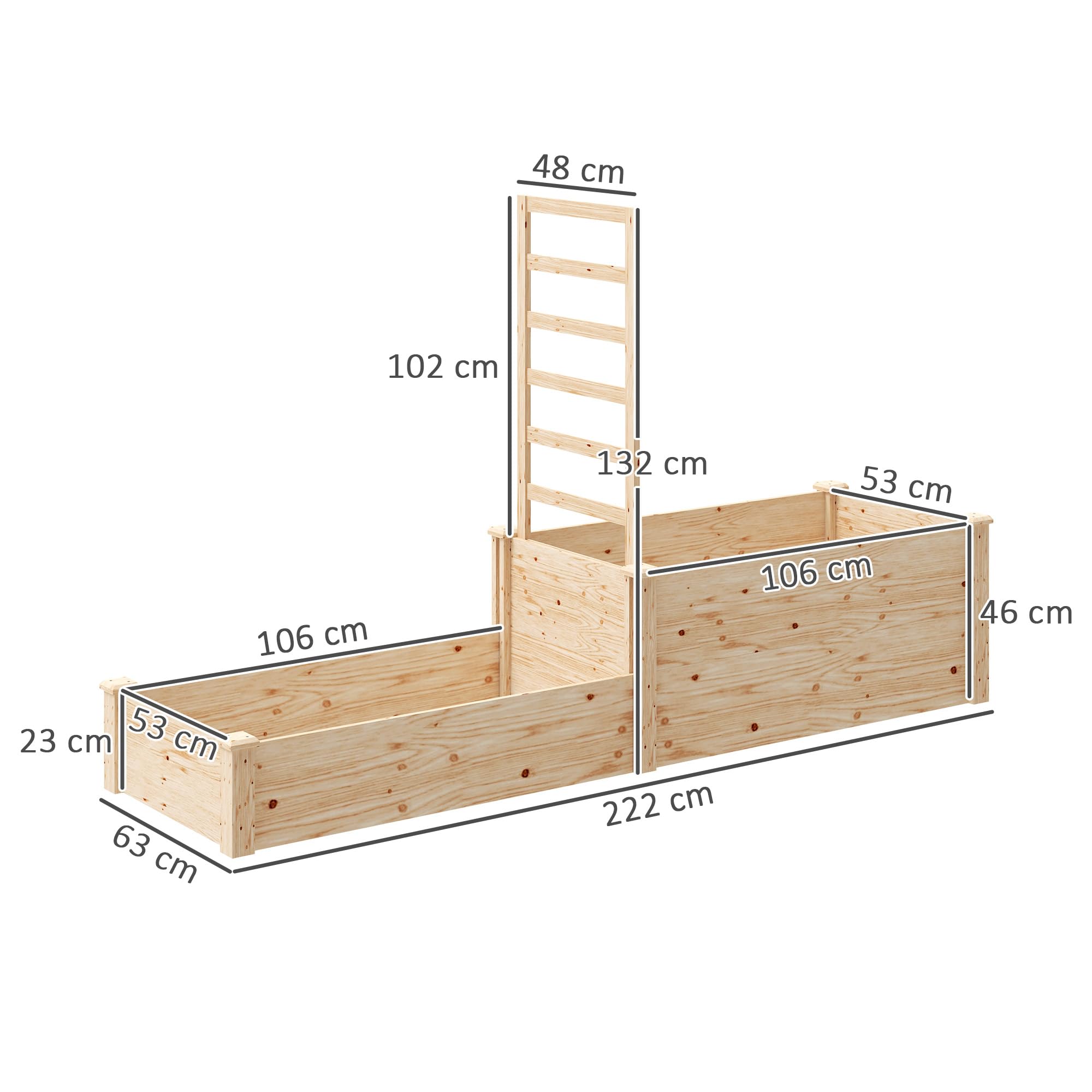 Outsunny Skrzynka na kwiaty z kratką, podniesione łóżko ogrodowe, 2 pojemniki na rośliny z otwartym dnem, drewniana skrzynka na kwiaty na balkon, taras, patio, 222 x 63 x 132 cm, naturalne drewno