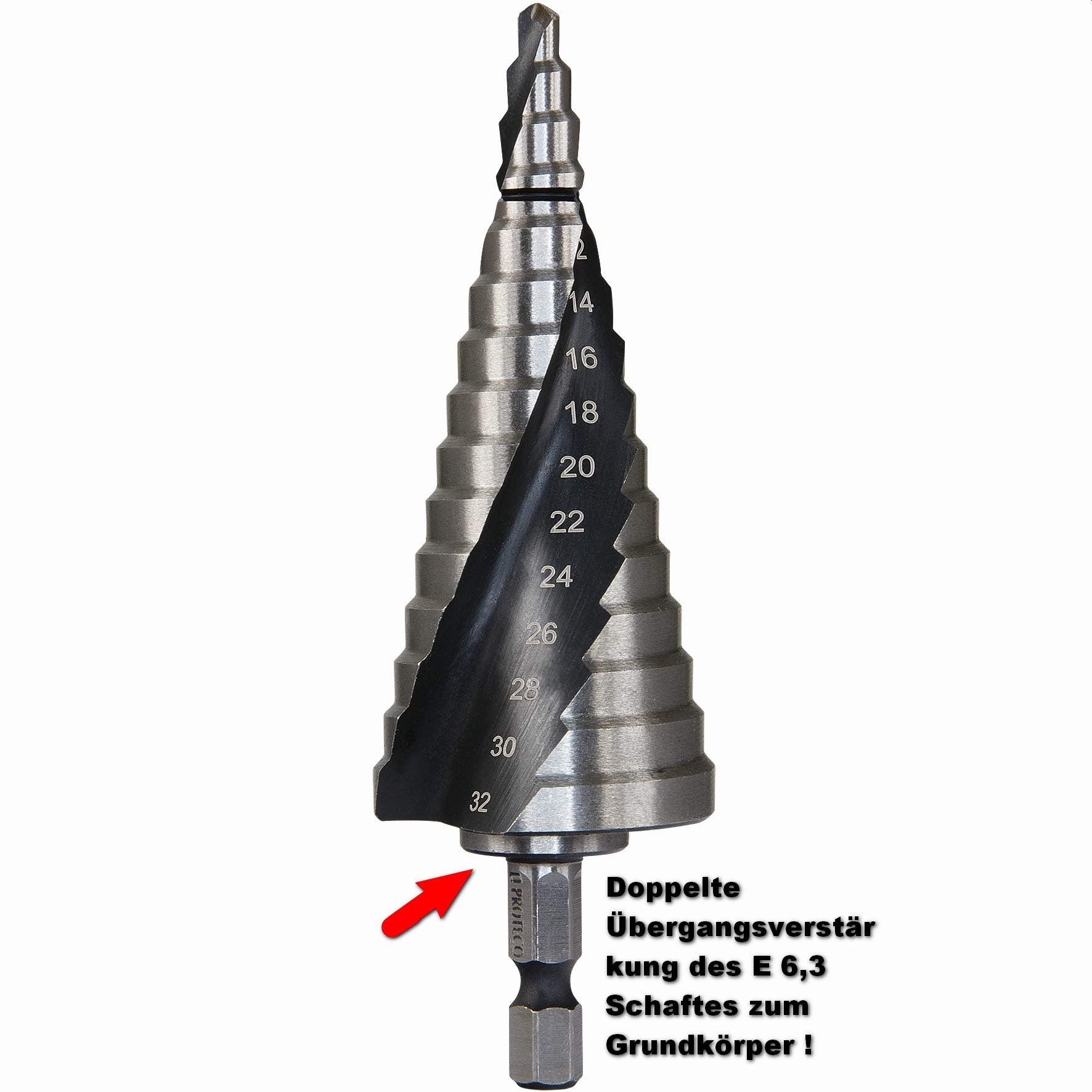 Proteco-Werkzeug® HSS Titan TIN TiALN Profi Stufenbohrer Konusbohrer Schälbohrer Metallbohrer Set 3-tlg. mit Schnellspannschaft für Bohrmaschinen