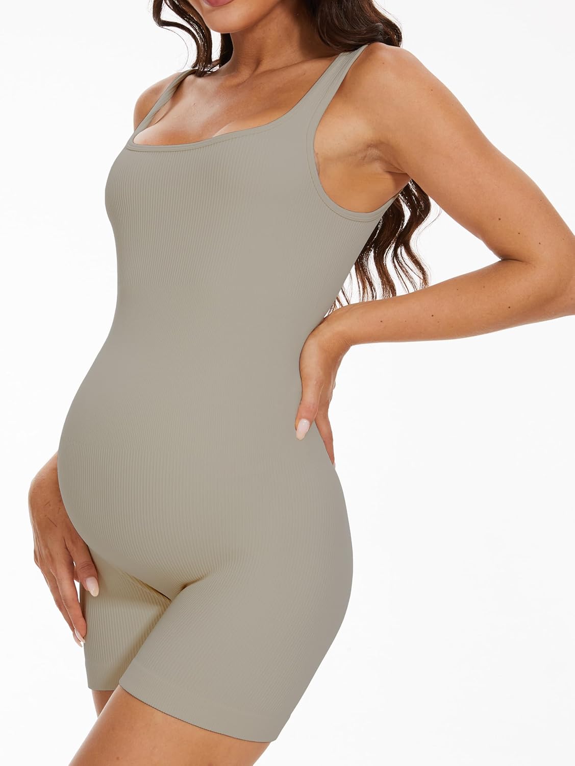 Maternity Workout Romper Pregnancy Yoga Ribbed One Piece Seamless Tank Top Jumpsuit - Image 2