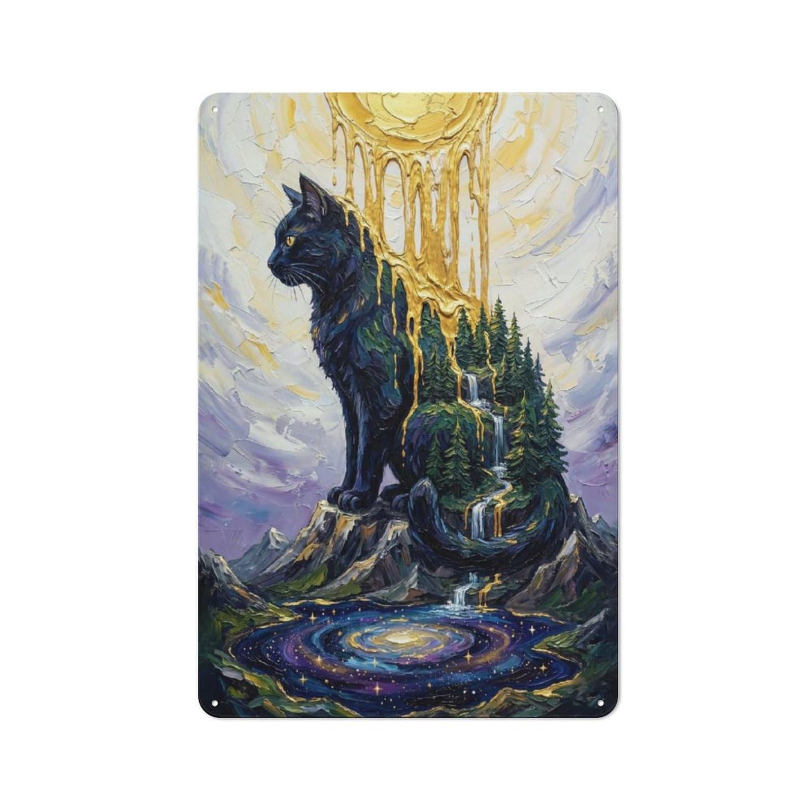 Junmoney Style-18 Metal Plaque 30X20cm With Celestial Cat Mountain Painting For Pub Or Café, Vintage Decor, For Vintage Wall Decor Fans, For Metal Sign Collectors