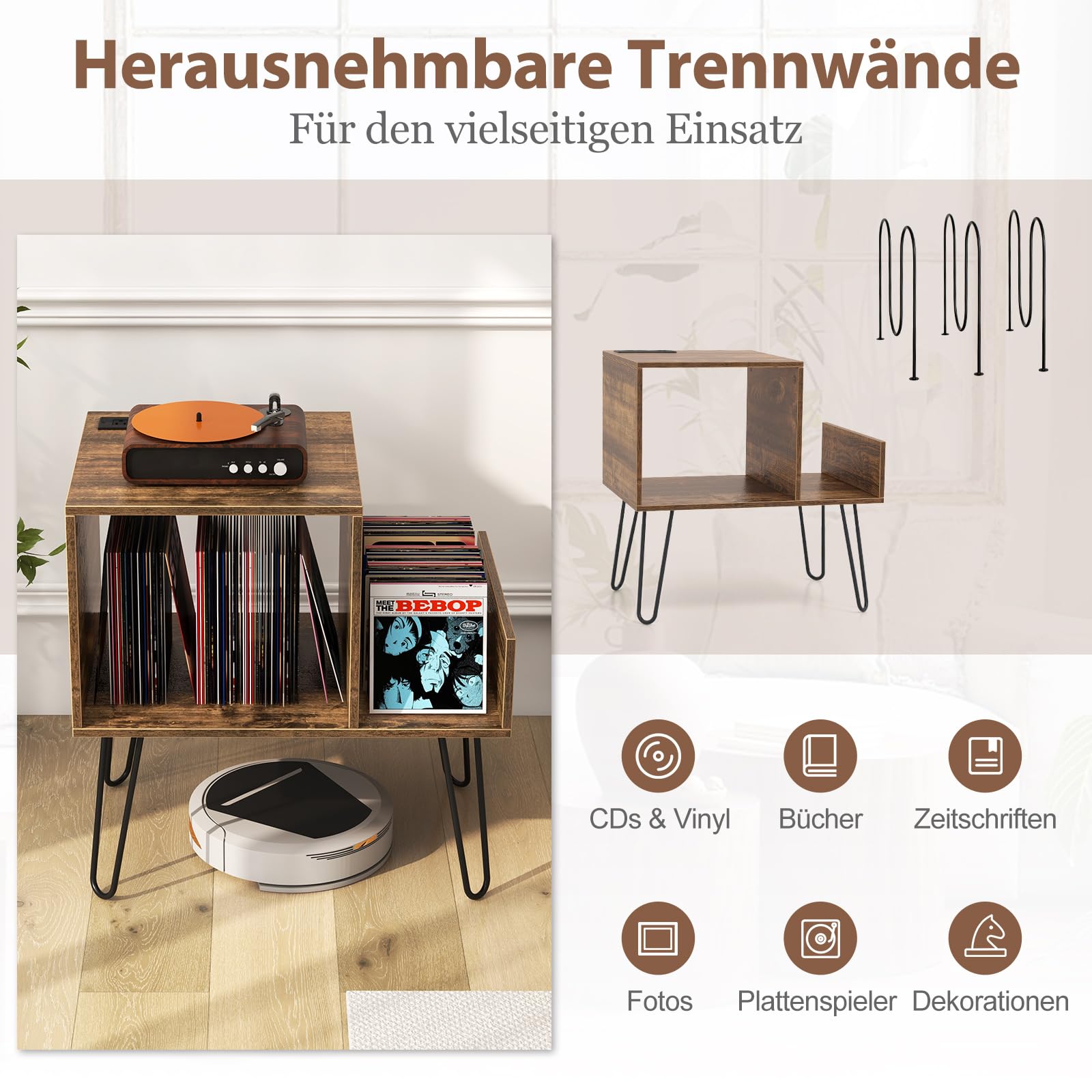 COSTWAY Beistelltisch mit Ladestation, Plattenspielerständer mit Trennwänden & Seitenregal, Nachttisch industriell mit Steckdose, Schallplattenhalter für bis zu 145 Alben (Braun)