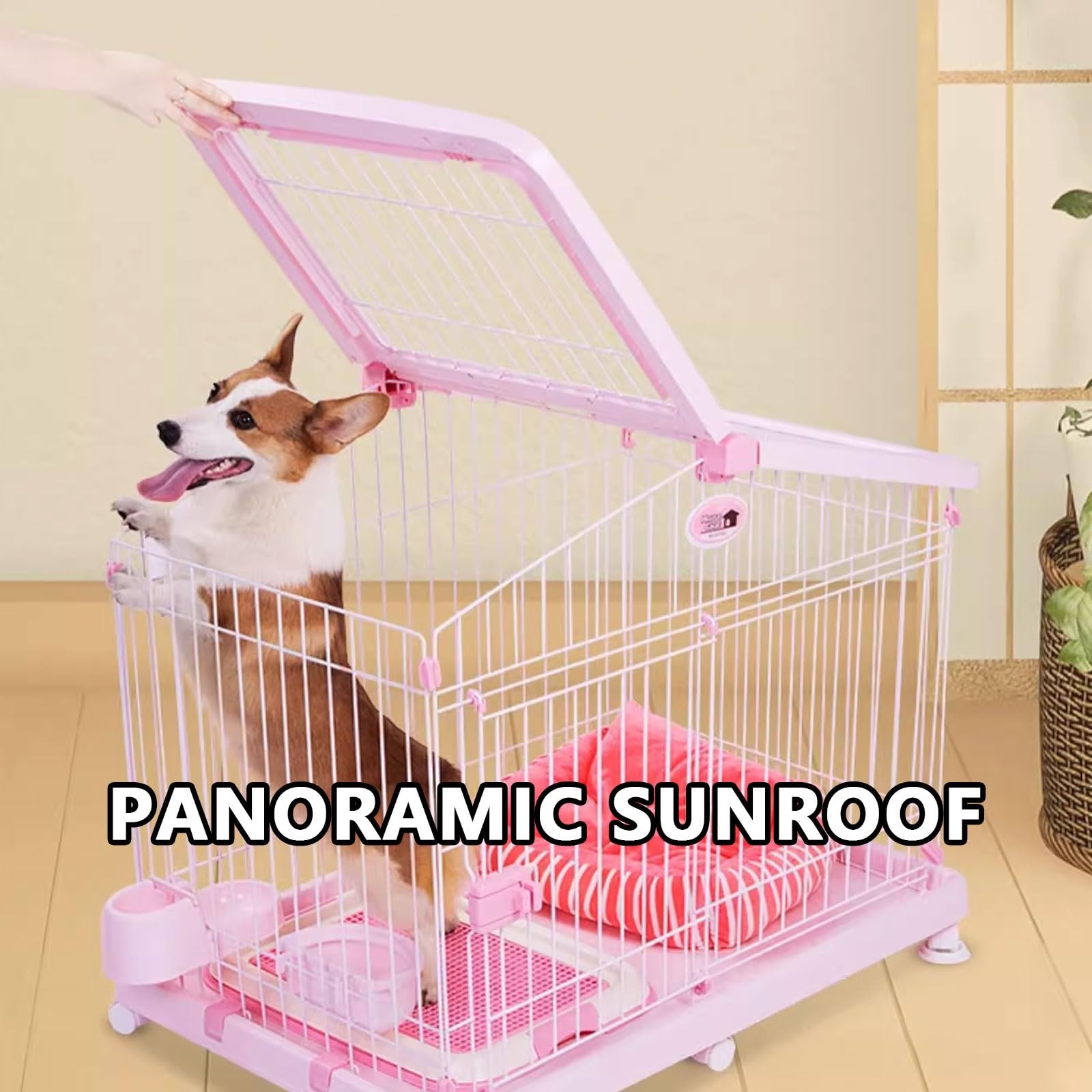 Kennel Gabbia for Cani Da Interno Trasportino Cane Con Serrature E Vassoio Rimovibile Resina E Ferro Tetto Panoramico Facile Da Pulire Disponibile in 2 Misure(Rose,94 * 62 * 76cm)