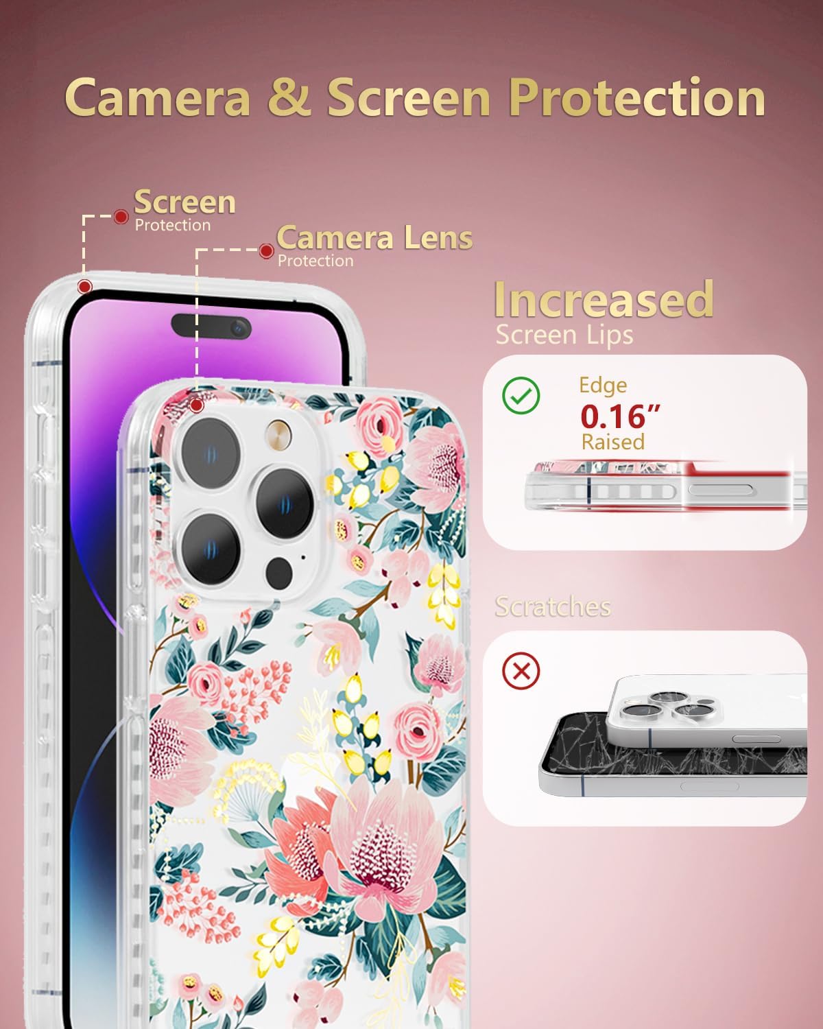 SCORPIFY for iPhone 14 Pro Case with Pink Epiphyllum Floral Design, Cute Clear Flower Phone Cover for Women Girls [10FT MIL-Grade Drop Protection] [Non Yellowing] Slim Bumper with Gold Accents