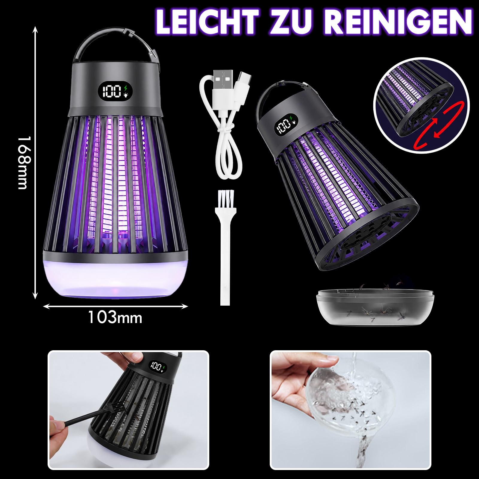 Insektenvernichter Elektrisch LED-Beleuchtung, 360° UV Mückenlampe Fliegenfalle,Mückenfalle USB für Innen Außen Outdoor IPX5 Anti Insektenlampe Camping, Schlafzimmer Küche Wohnmobil Balcony Garten