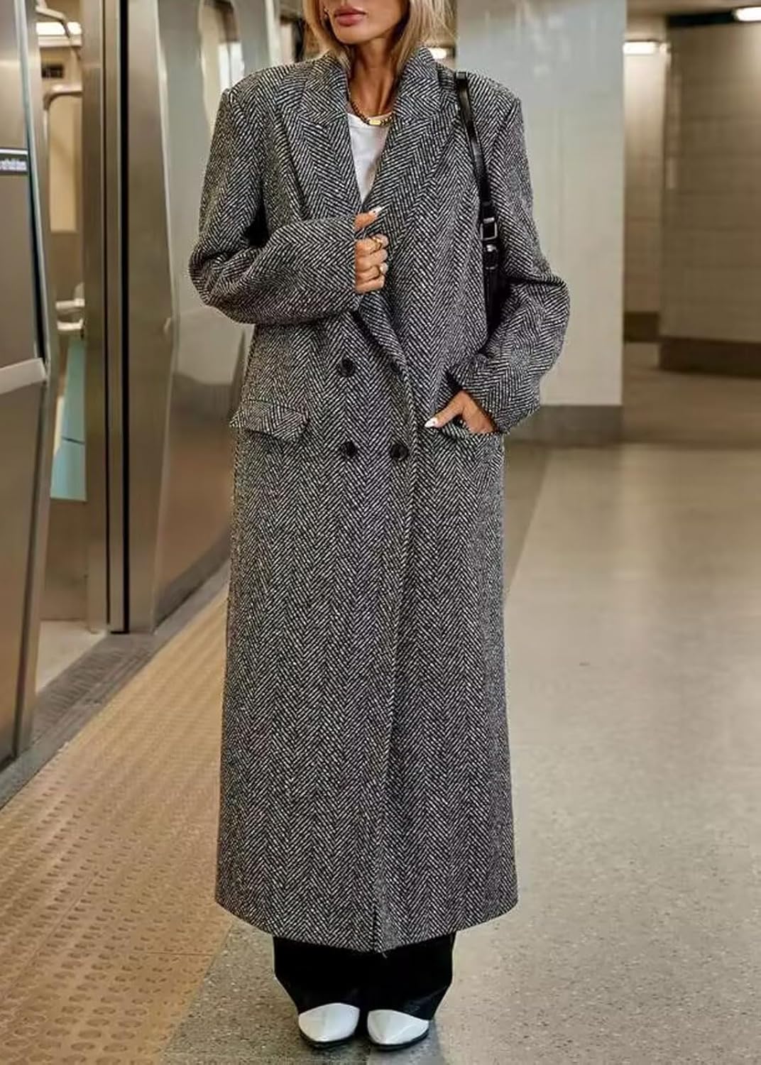 CHARTOU Long Wool Trench Coat Women Double Breasted Herringbone Notch Collar Dressy Winter Pea Coat