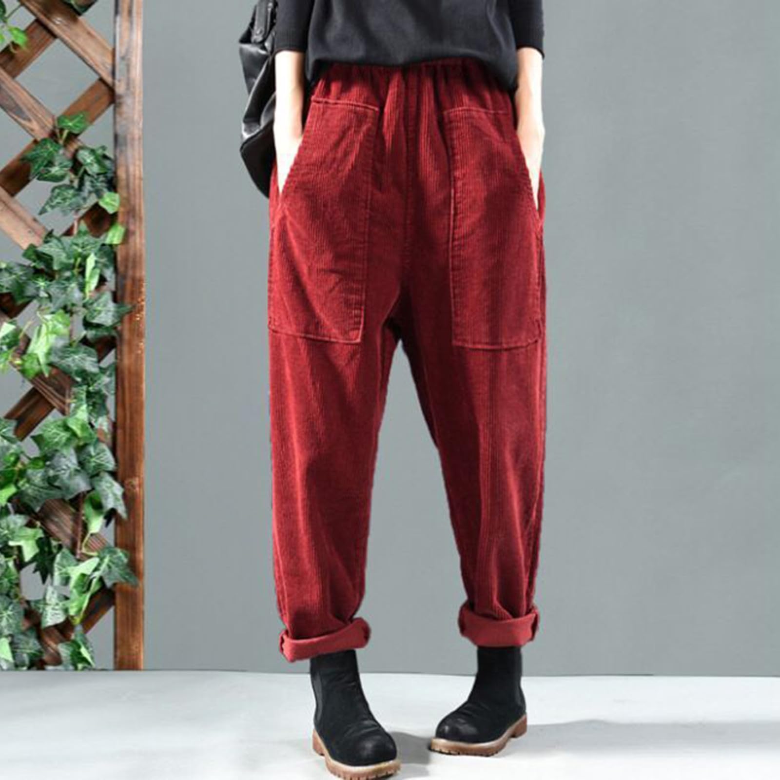 Weite Winterhose Damen Cord, Freizeithose Bequeme Tapered Fit Cordhose