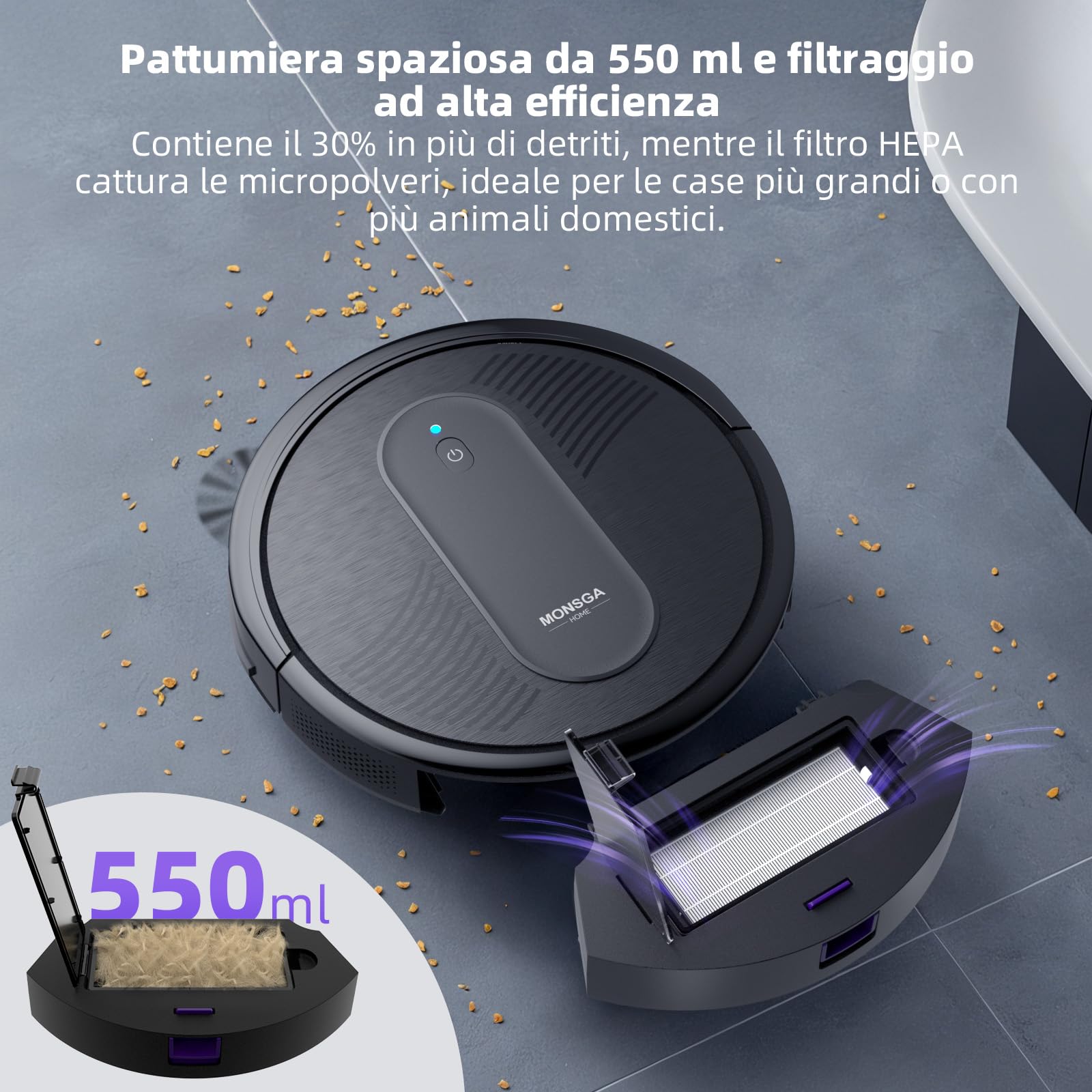 MONSGA Robot Aspirapolvere Lavapavimenti 3-in-1 4000Pa, Autonomia 140min, Anti-groviglio, Ricarica Automatica, Controllo App/Telecomando/Alexa, Silenzioso, Per Peli Animali, Pavimenti e Tappeti