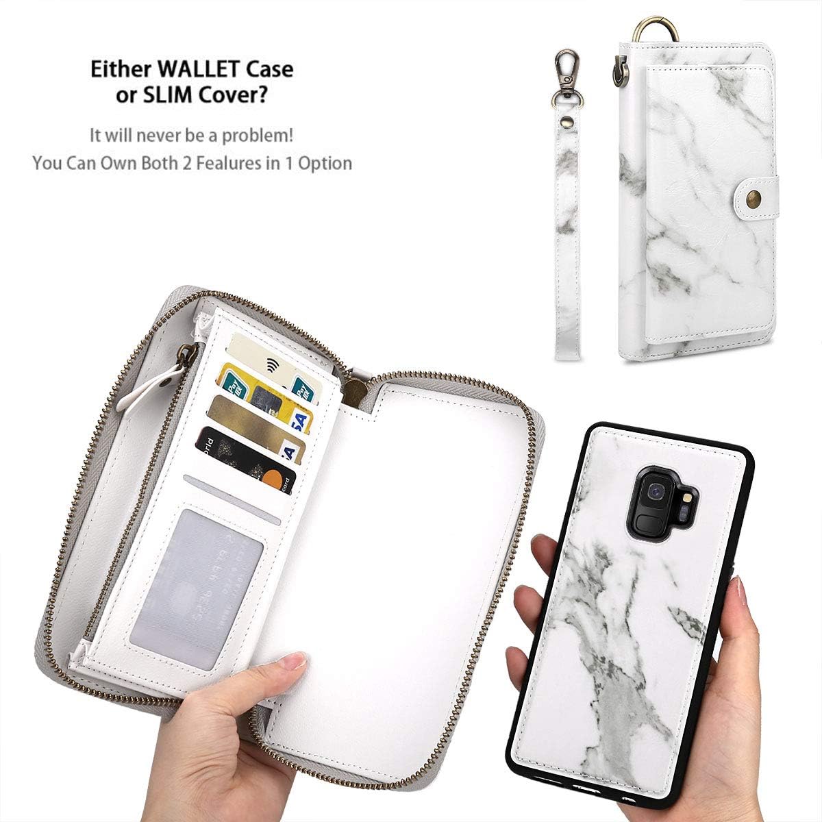 Petocase Compatible S9 Wallet Case, Multi-Function Zipper Purse with Detachable Magnetic Back Cover Wristlets 13 Card Slots & 4 Cash Pocket Cover for Samsung Galaxy S9 White Marble