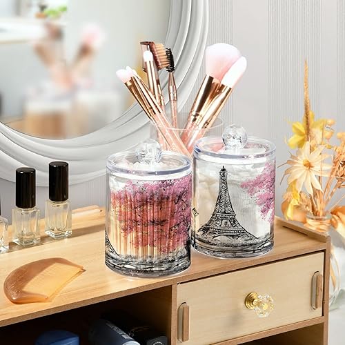 Miniatura 6 de xigua París - Soporte para Qtip de la Torre Eiffel con tapa, paquete de 2 tarros de plástico transparente para boticario, recipientes de