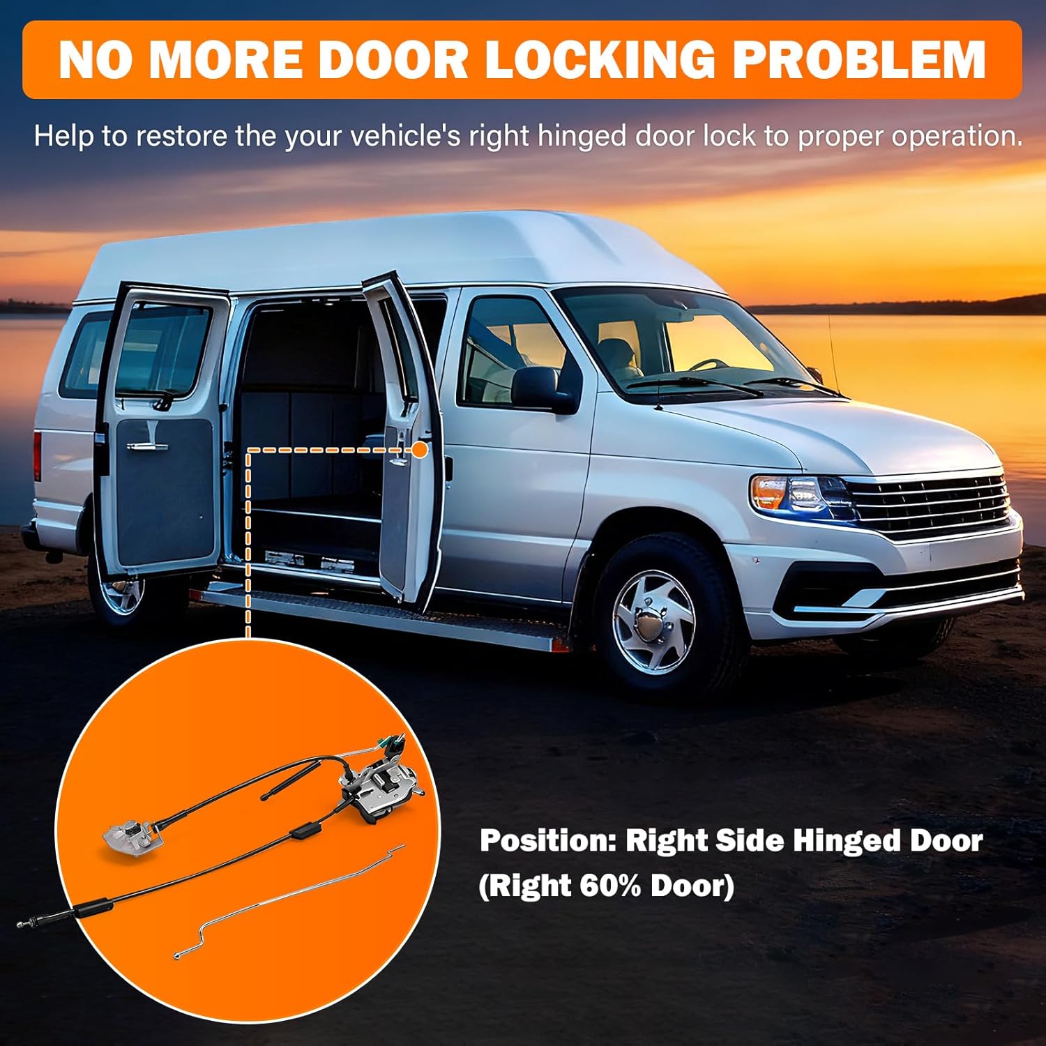 Yinlowa Right Side Hinged Door Latch Assembly with Cable & Rod for 1992-2019 Ford E150 E250 E350 Econoline Van, Passenger Side 60% Door, Replaces 8C2Z-15264A00-B, 8C2Z-15264A00-D, 8C2Z15264A00B