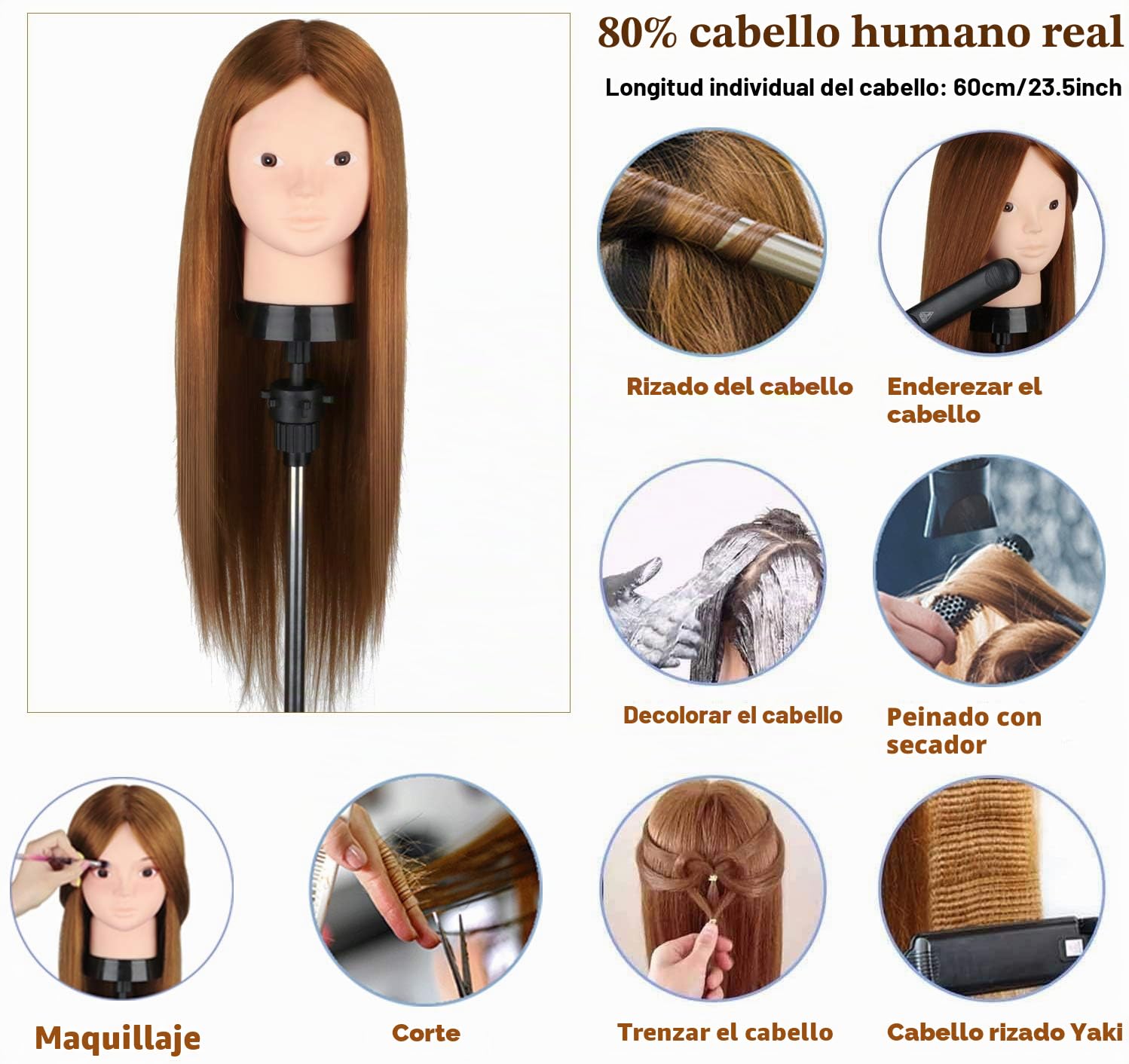 Maquillaje Cabeza de Maniquí, TopDirect 23.5" 80% Cabello Humano Real Practicas Formación Muñeca de la Cosmetología para Peluquería, Cabeza de Muñeca con Soporte de Mesa + Accesorios de Peinado