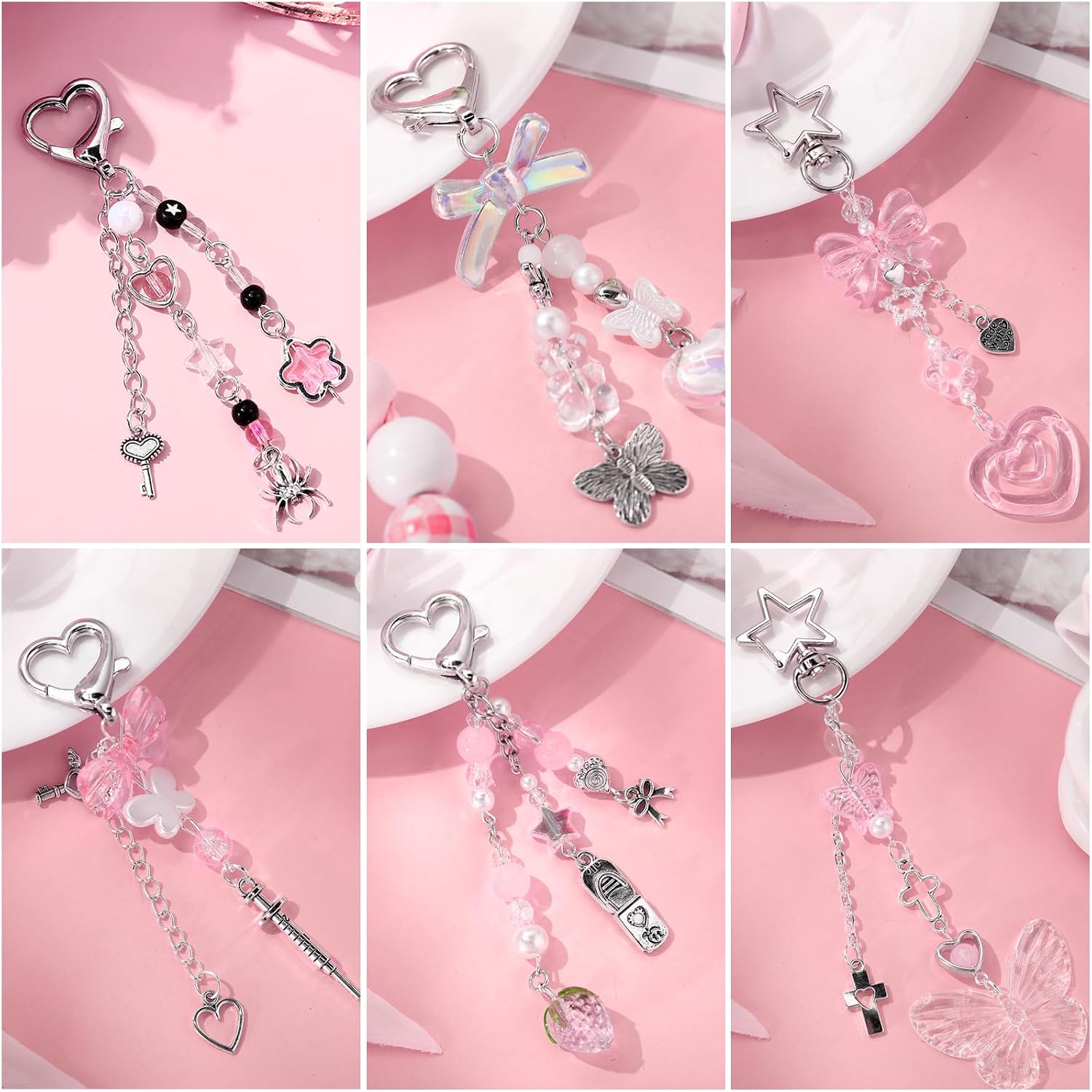 JaGely 6 Pcs Y2k Aesthetic Keychain Accessories Cute Cat Butterfly Star Strawberry Keychains for Women Bag Purse Gifts image 2