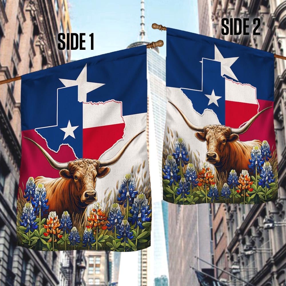 American Flag-Texas Bluebonnet and Longhorn Flag MLN2738F, Garden Flag (11.5" x 17.5")-USA Flags Premium Polyester-Decorative Indoor Outdoor Flag