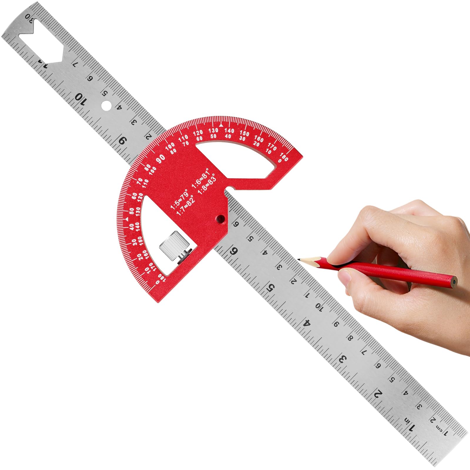 Angle Gauge, Stainless Steel Angle Ruler with Semicircle Head Protractor, Portable Angle Protractor 45° 90° 180° Angle Finder Multipurpose Angle Measuring Tool for Carpenters Woodworking (12 in)