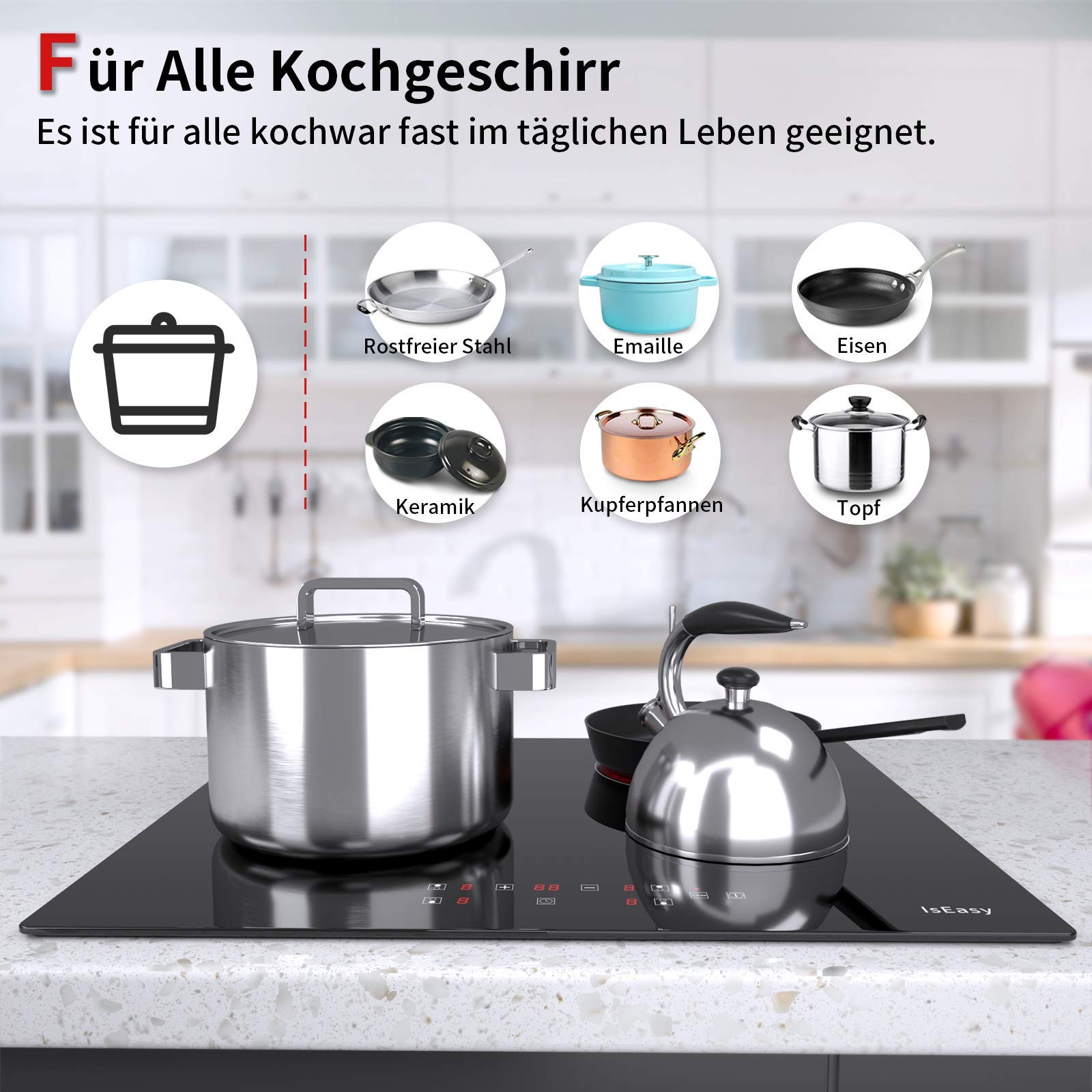IsEasy Płyta grzewcza ze szkła ceramicznego, 6000W 59cm, 4 strefy gotowania, okablowanie, wbudowana elektryczna niezależna bezramowa, 9 poziomów grzania, pasuje do większości garnków