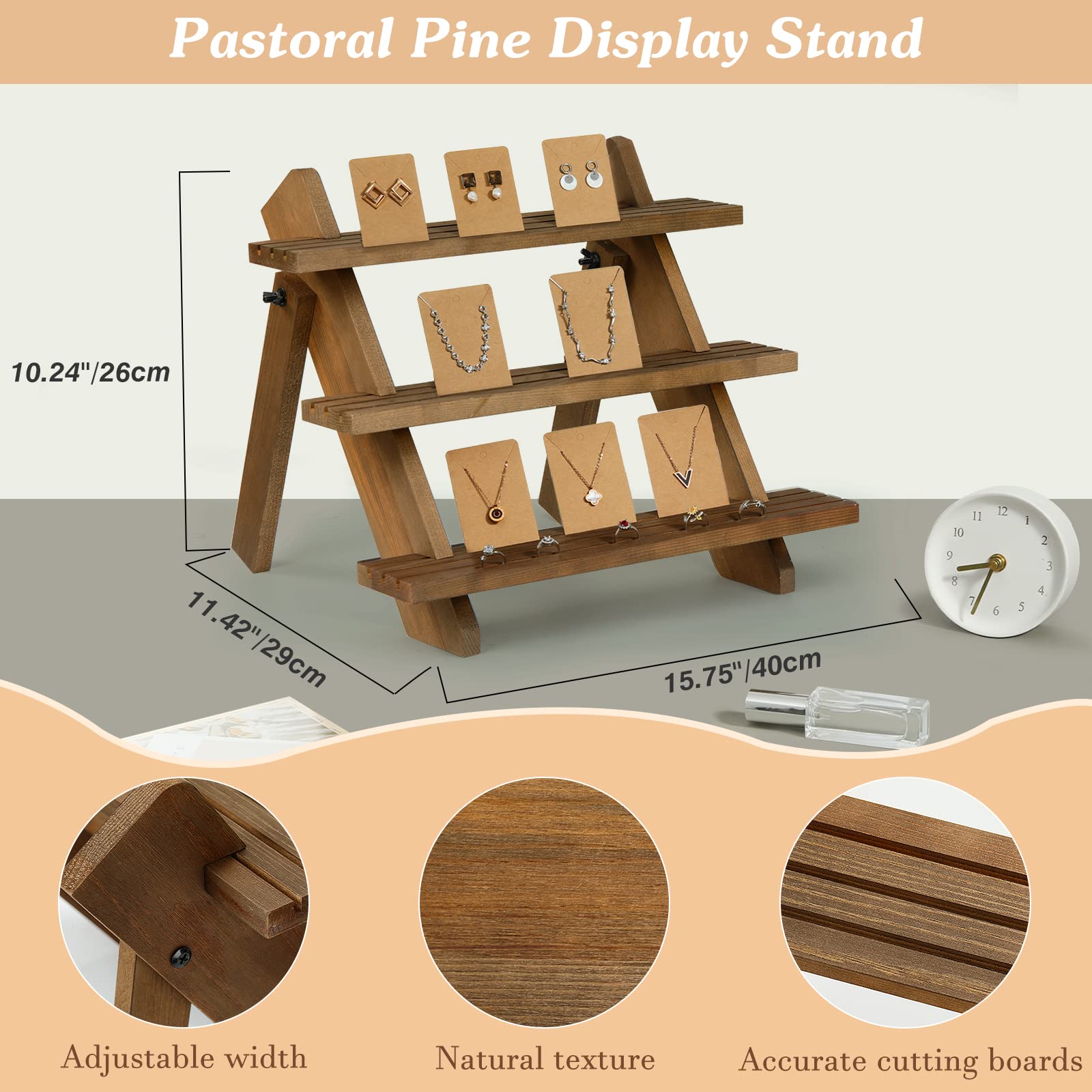 Emibele 3-Tier Wooden Earring & Ring Holder Organizer, Cascading Showcase Jewelry Stand, Brown