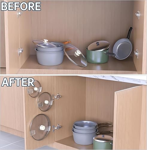 Miniatura 3 de NiHome 6 organizadores de tapas acrílicas para ollas de pared con adhesivo avanzado de nano-gel, soporte para tapa de olla con elegante diseño