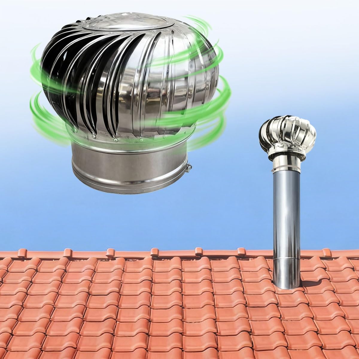 YGLSNVKWQ Rotating Roof Chimney Cap, Wind Turbine Vent for Chimneys Flues, 2.95 4.33 6.3 7.87 9.84 in Stainless Steel Fireplace Rain Vents Cover for Villa Sunroom Houses Attic Room Farm(9.84 inch)
