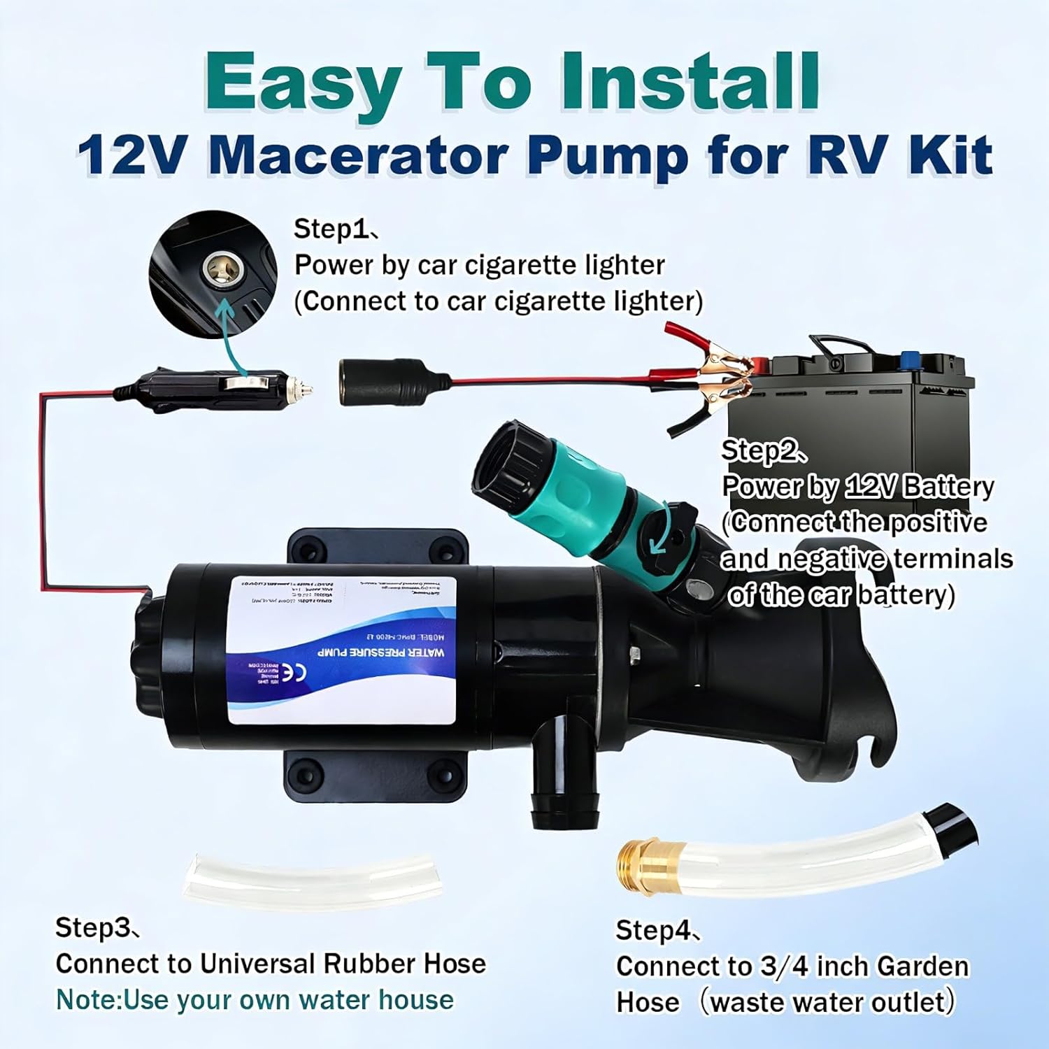 RV Macerator Pump 12V, 12GPM Heavy-Duty Self-Priming Macerator Pump for RV, Quick-Release RV Macerator with 144W Copper Motor, 3.2FT Suction & 10FT Lift, Portable Waste Water Pump Kit for RV/Camper(A)