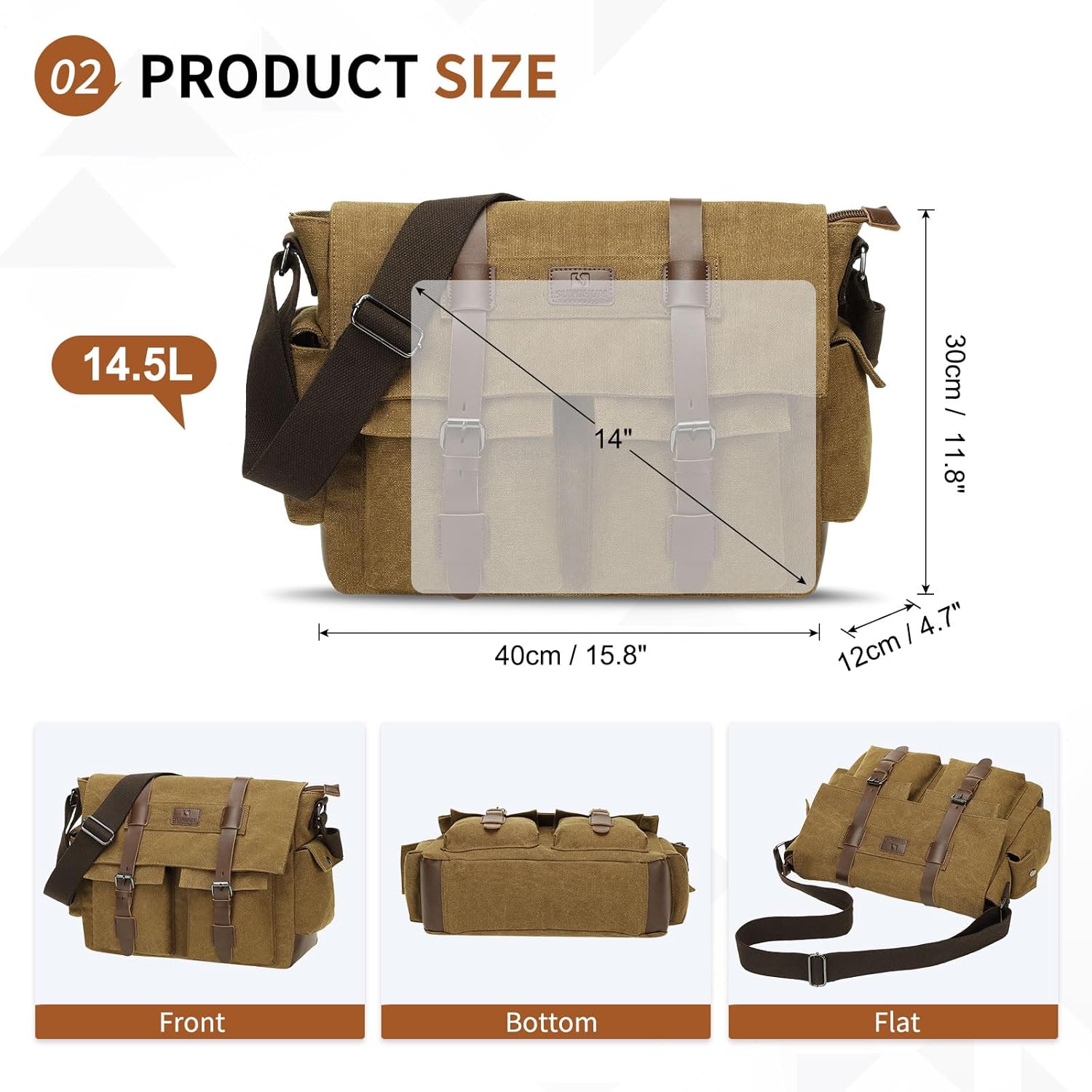Canvas Crossbody Bag for Men and Women, Vintage Shoulder Bag with Multiple Pockets and Adjustable Strap, Fits 13 Inch Laptops, Coffee - Image 3
