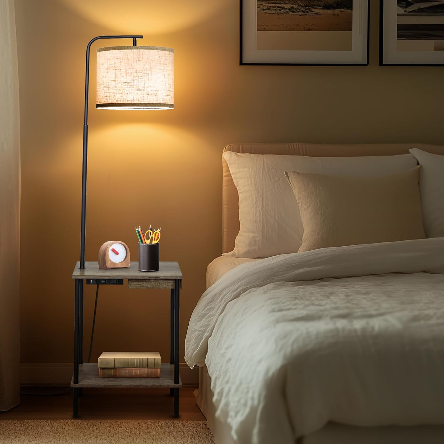 Floor Lamp with Table & Drawers, End Table Lamp with USB Charging Portt Power Outlet and Shelves, Side Table Reading Light with 3 Color Temperature Led Bulb Included for Living Room, Gray