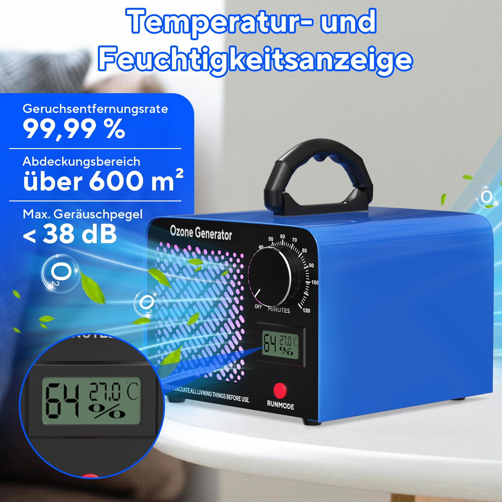 Generator ozonu 65 000 mg/h, ozonator przemysłowy O3 z timerem 120 min, temperatura, wilgotność powietrza, ozonator do 300㎡ O3, ozonator do garażu, mieszkania, hoteli, kuchni, zwierząt domowych (L1)
