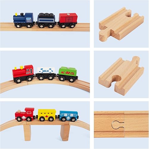 Miniatura 3 de Juego de 58 pistas de tren de madera, expansión de vías y 9 piezas distintas, 100% compatible con todas las principales marcas, incluido el sistema