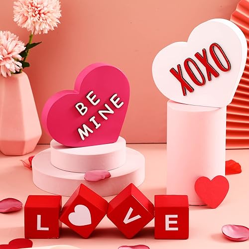 6 letreros de madera para el día de San Valentín decoración de madera en forma de corazón decoración de madera XOXO corazones de conversación