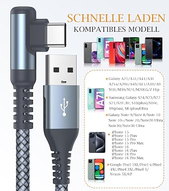 USB-C Cable 3.1 A Fast Charge (2 Pack 6 m) Charging Cable USB-C Angle Type-C Cable Nylon Braided for Samsung Galaxy S22 S21 S20 S10 S9 S8 Plus Note 20 10 9 8 A72 A71 A52 A51 A50 M31 M30s M20 V30