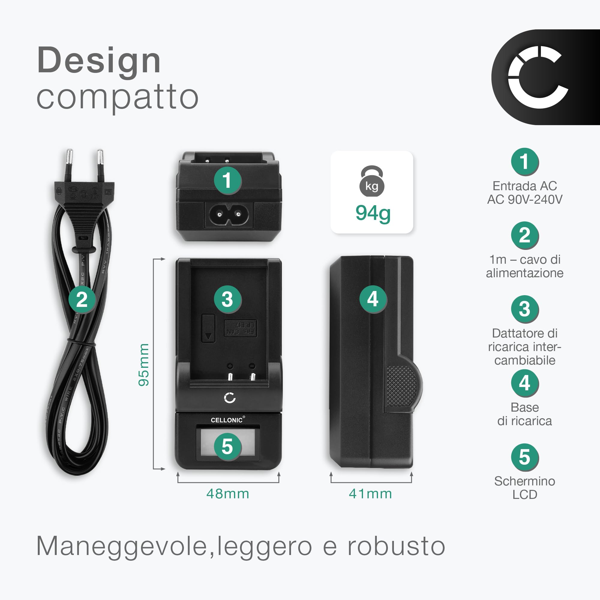 CELLONIC Caricabatteria compatibile con Panasonic DMW-BLG10E, DC-G110V | 1m, 100-240V per Panasonic DMW-BLG10E, Lumix DC-TZ90, Lumix DMC-GX80, DMW-BLG10 per Leica BP-DC15, D-LUX 7, BP-DC15-E, D-LUX