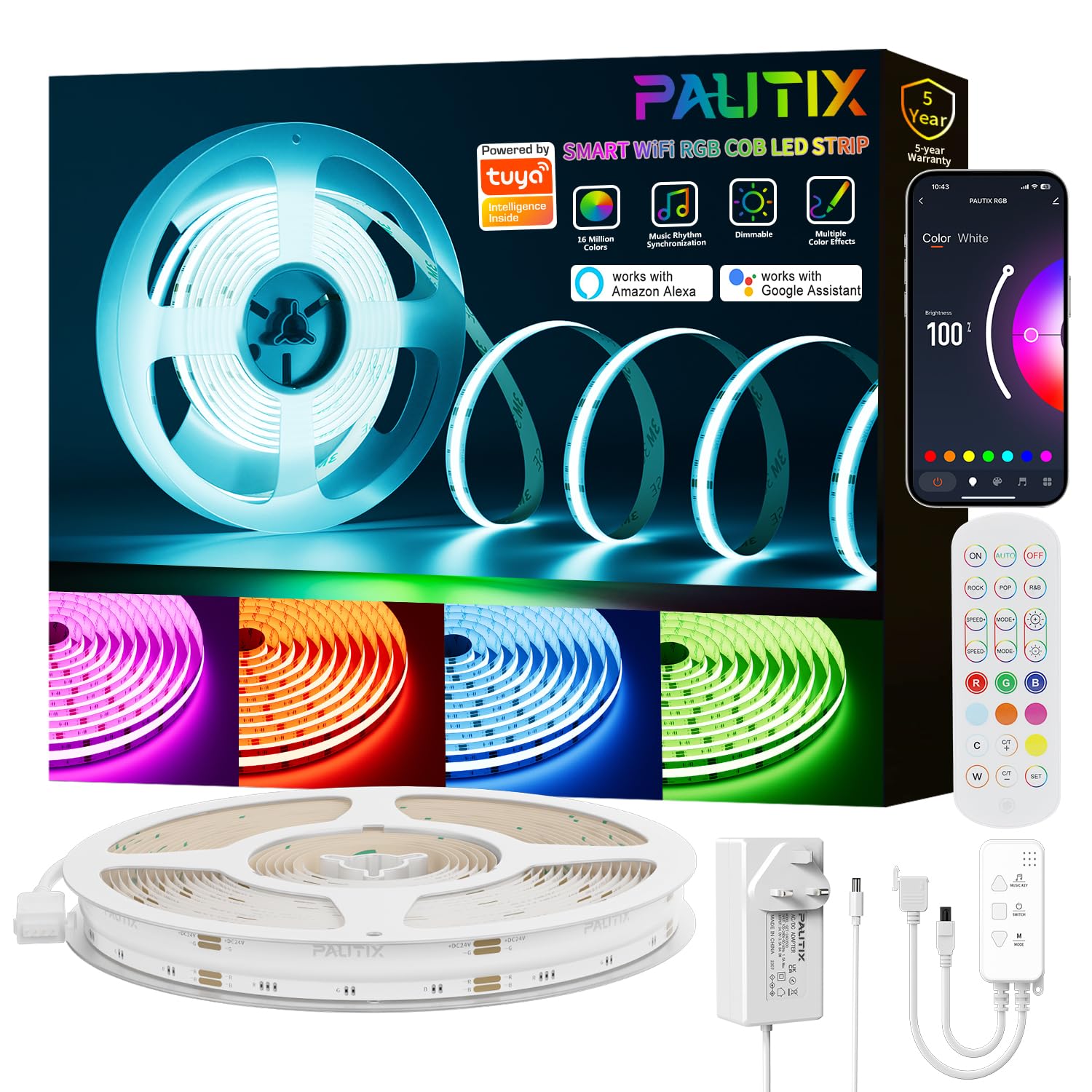 Pautix 24V Rgb 10M Kit Led Strip Light Rgb 10M Colour Changing Cob Light Strips Dc24v Work With Alexa/Google Assistant/Tuya Multicolour Dimmable Flexible Tape Light,For Tv,Bedroom,Party Diy Decoration
