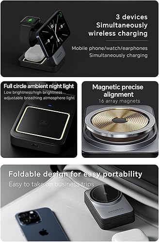 Miniatura 7 de Cargador inalámbrico 3 en 1 actualizado 2025 para iPhone, cargador magnético de viaje, estación de carga inalámbrica plegable compatible con
