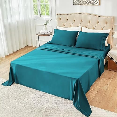 Miniatura 6 de Juego de sábanas de tamaño matrimonial color verde azulado, juego de sábanas bajeras y fundas de almohada, 4 piezas de microfibra suave y