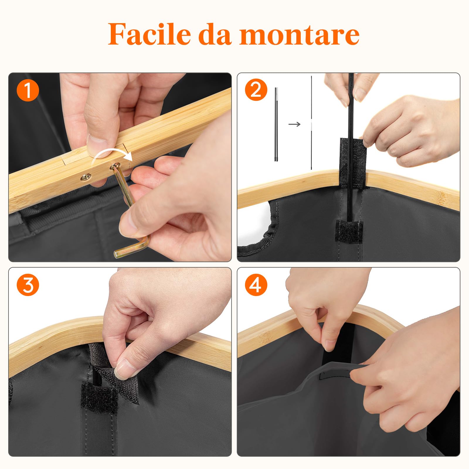 Lifewit 150L Cesto Portabiancheria 3 Scomparti, Cesta Biancheria Sporca con Manici Bambù, Cesto Panni Sporchi con 3 Sacco, Cesto Lavanderia, Porta Biancheria Sporca per Bagno, Grigio Scuro