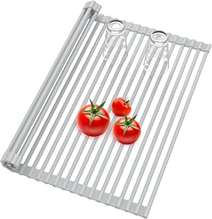 Roll Up Dish Drying Rack, Silicone Wrapped Over The Sink Multipurpose Foldable Dish Drainer Anti-Slip Coated Stainless Steel Dish Racks for Kitchen Counter, Sink Drying Rack (Gray, 17.3" x 17.3")