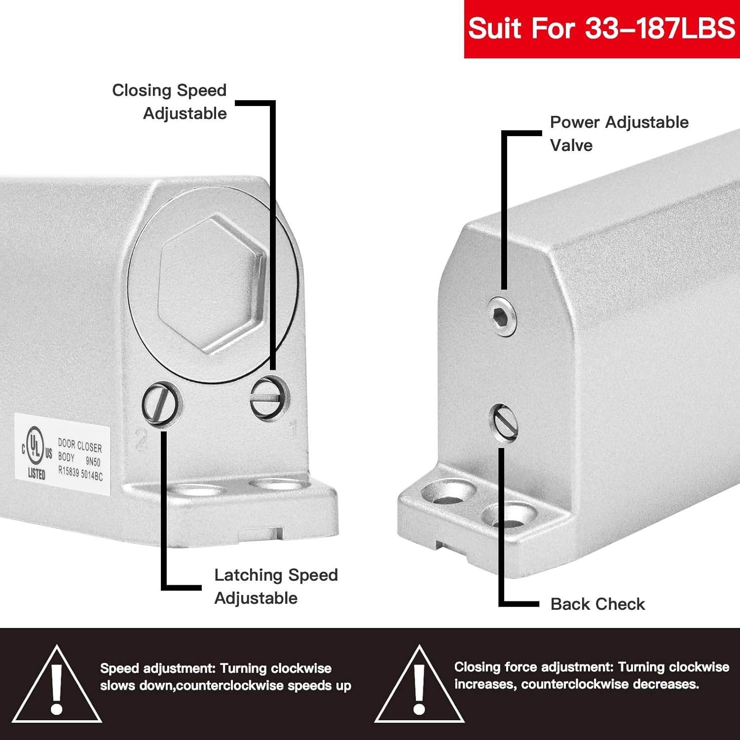 Commercial Door Closer, ADA Compliant, Grade 1, Surface-Mounted, UL 3-Hour Fire Rated, Adjustable Size 1-6, for Entrances & Storefronts (5014BC/DA)