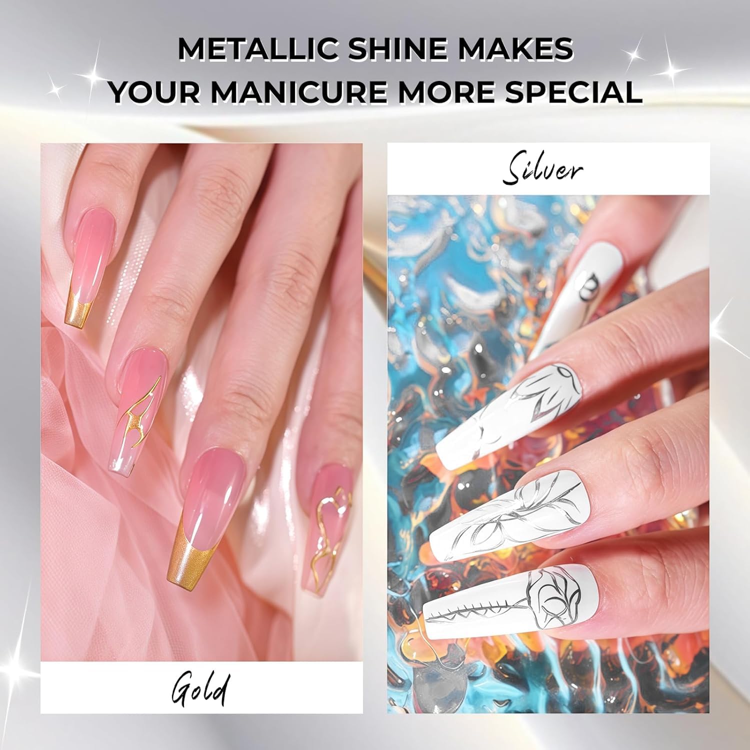 Silver Metal Mirror Painting Gel Nail Polish, 3D Nail Art DIY | Metal painted drawing gel, 3D effect, curing required, long-lasting high-shine mirror reflection, for DIY & salon nail art