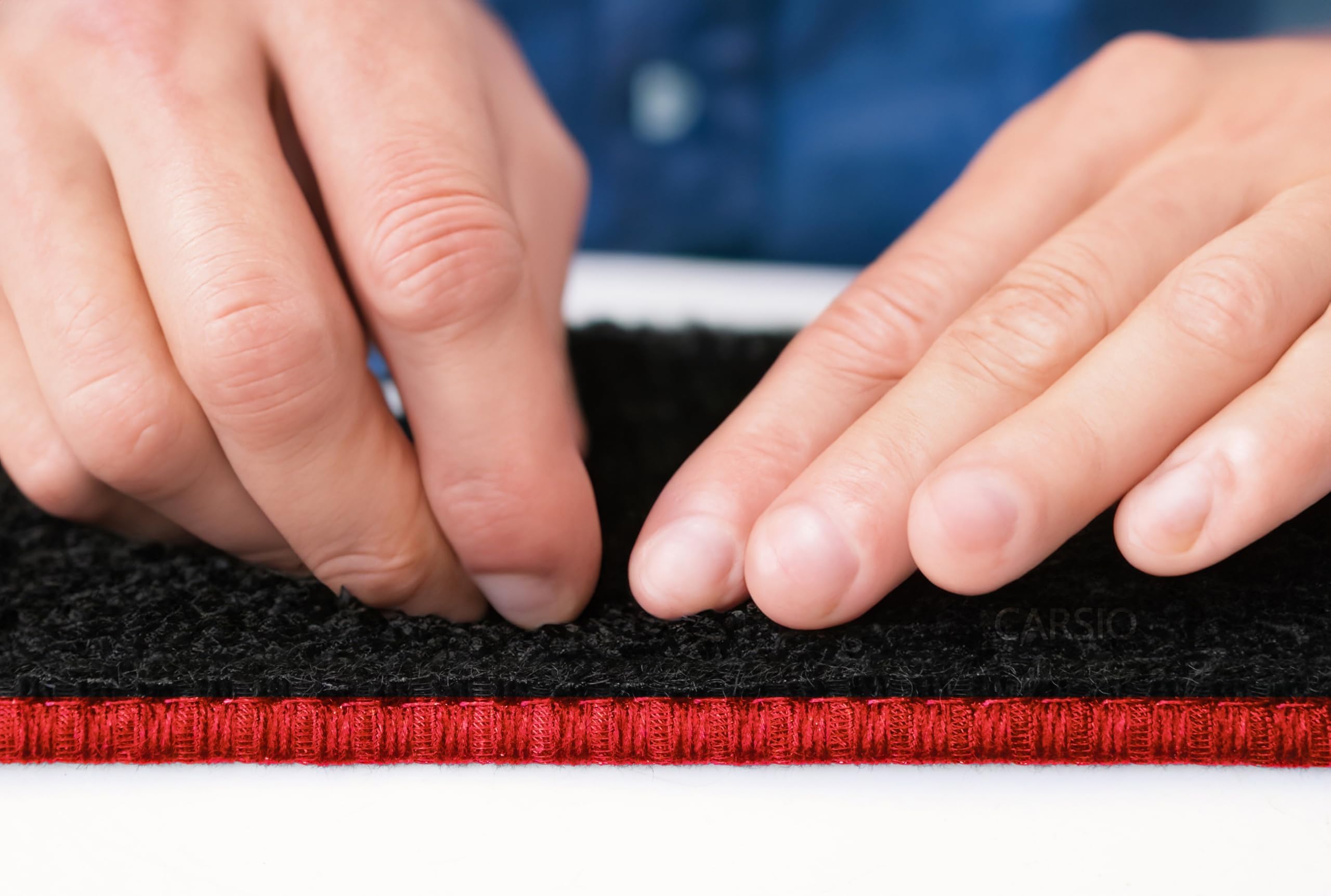 Carsio Carpet Car Mats For Ford Mustang 2015 Onwards 4 Piece Set Tailored Fit Floor Mat Complete Accessory Black Custom Fitted - All Weather, Anti-Slip Backing & Red Trim